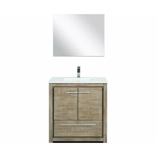 Lexora Lafarre 30" Rustic Acacia Bathroom Vanity, White Quartz Top, White Square Sink, Monte Chrome Faucet Set, and 28" Frameless Mirror - Lexora - Ambient Home