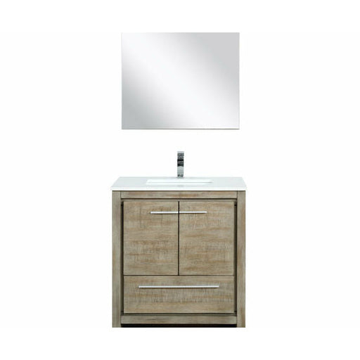Lexora Lafarre 30" Rustic Acacia Bathroom Vanity, White Quartz Top, White Square Sink, Balzani Gun Metal Faucet Set, and 28" Frameless Mirror - Lexora - Ambient Home