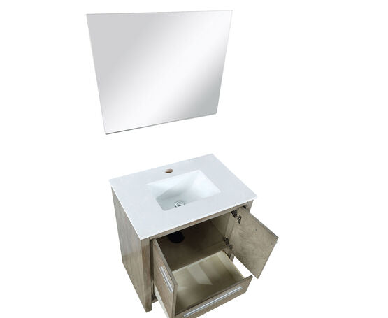 Lexora Lafarre 30" Rustic Acacia Bathroom Vanity, White Quartz Top, White Square Sink, and 28" Frameless Mirror - Lexora - Ambient Home
