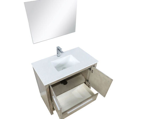 Lexora Lafarre 36" Rustic Acacia Bathroom Vanity, White Quartz Top, White Square Sink, Labaro Brushed Nickel Faucet Set, and 28" Frameless Mirror - Lexora - Ambient Home