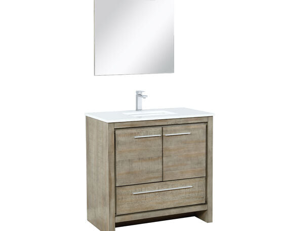 Lexora Lafarre 36" Rustic Acacia Bathroom Vanity, White Quartz Top, White Square Sink, Labaro Brushed Nickel Faucet Set, and 28" Frameless Mirror - Lexora - Ambient Home