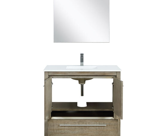 Lexora Lafarre 36" Rustic Acacia Bathroom Vanity, White Quartz Top, White Square Sink, Monte Chrome Faucet Set, and 28" Frameless Mirror - Lexora - Ambient Home