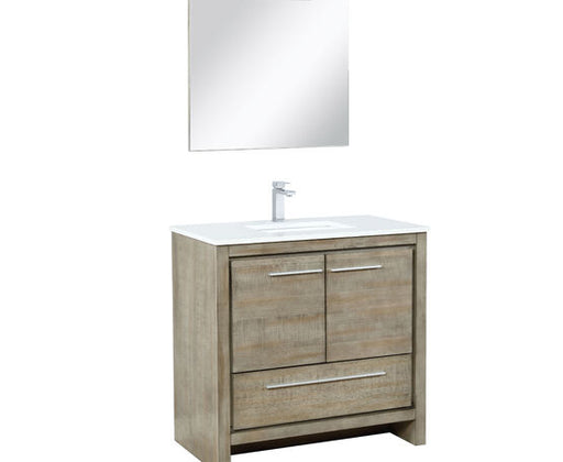 Lexora Lafarre 36" Rustic Acacia Bathroom Vanity, White Quartz Top, White Square Sink, Monte Chrome Faucet Set, and 28" Frameless Mirror - Lexora - Ambient Home