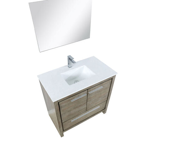 Lexora Lafarre 36" Rustic Acacia Bathroom Vanity, White Quartz Top, White Square Sink, Balzani Gun Metal Faucet Set, and 28" Frameless Mirror - Lexora - Ambient Home