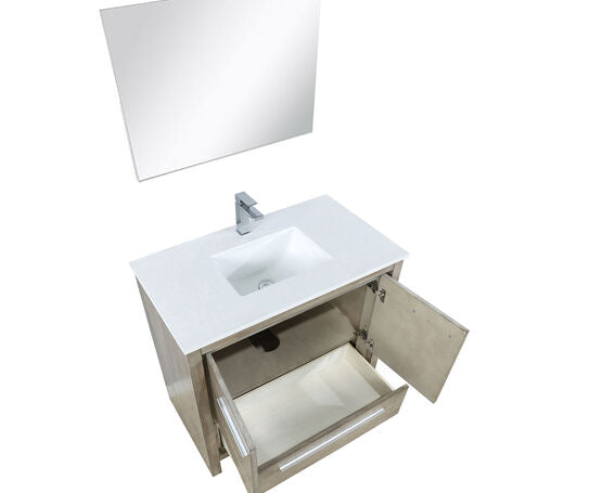 Lexora Lafarre 36" Rustic Acacia Bathroom Vanity, White Quartz Top, White Square Sink, Balzani Gun Metal Faucet Set, and 28" Frameless Mirror - Lexora - Ambient Home