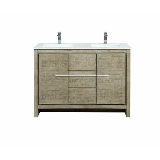 Lexora Lafarre 48" Rustic Acacia Double Bathroom Vanity, White Quartz Top, White Square Sink, and Labaro Brushed Nickel Faucet Set - Lexora - Ambient Home