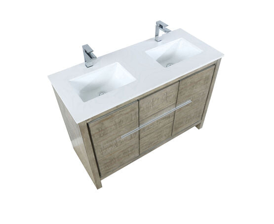 Lexora Lafarre 48" Rustic Acacia Double Bathroom Vanity, White Quartz Top, White Square Sink, and Labaro Brushed Nickel Faucet Set - Lexora - Ambient Home