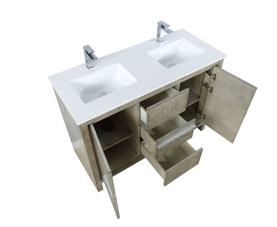 Lexora Lafarre 48" Rustic Acacia Double Bathroom Vanity, White Quartz Top, White Square Sink, and Labaro Brushed Nickel Faucet Set - Lexora - Ambient Home