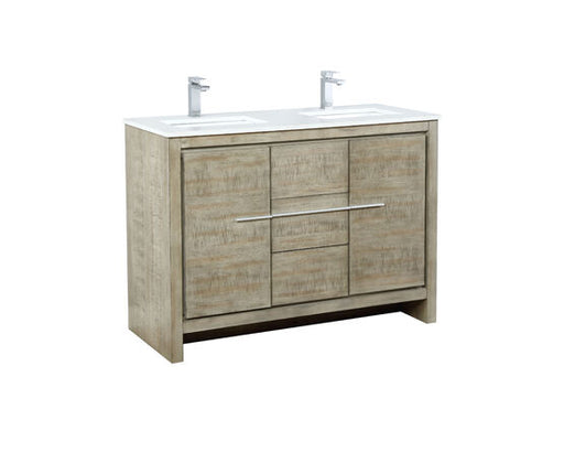 Lexora Lafarre 48" Rustic Acacia Double Bathroom Vanity, White Quartz Top, White Square Sink, and Labaro Brushed Nickel Faucet Set - Lexora - Ambient Home