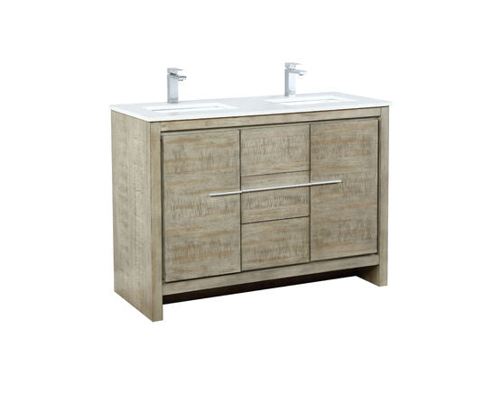 Lexora Lafarre 48" Rustic Acacia Double Bathroom Vanity, White Quartz Top, White Square Sink, and Labaro Brushed Nickel Faucet Set - Lexora - Ambient Home