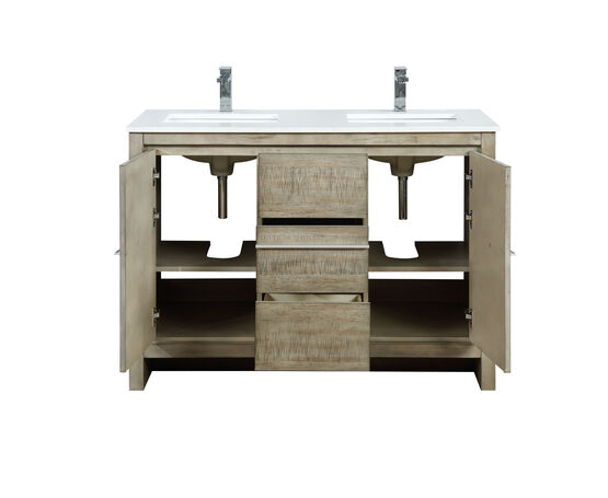 Lexora Lafarre 48" Rustic Acacia Double Bathroom Vanity, White Quartz Top, White Square Sink, and Balzani Gun Metal Faucet Set - Lexora - Ambient Home