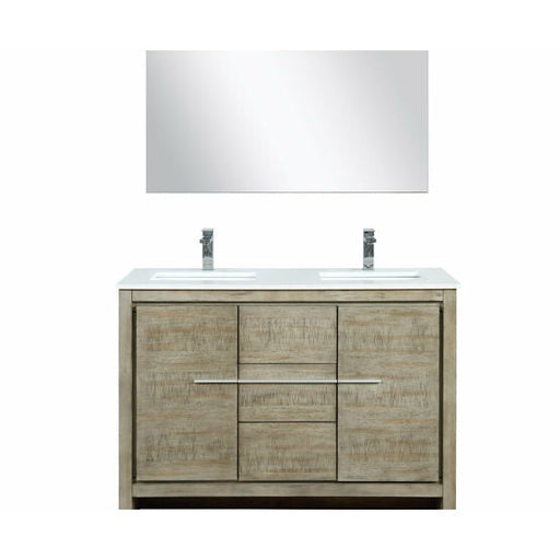 Lexora Lafarre 48" Rustic Acacia Double Bathroom Vanity, White Quartz Top, White Square Sink, Labaro Brushed Nickel Faucet Set, and 43" Frameless Mirror - Lexora - Ambient Home