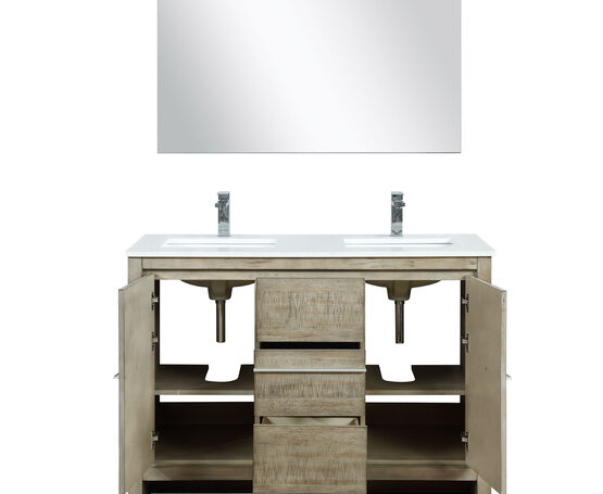 Lexora Lafarre 48" Rustic Acacia Double Bathroom Vanity, White Quartz Top, White Square Sink, Labaro Brushed Nickel Faucet Set, and 43" Frameless Mirror - Lexora - Ambient Home