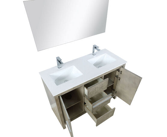 Lexora Lafarre 48" Rustic Acacia Double Bathroom Vanity, White Quartz Top, White Square Sink, Labaro Brushed Nickel Faucet Set, and 43" Frameless Mirror - Lexora - Ambient Home