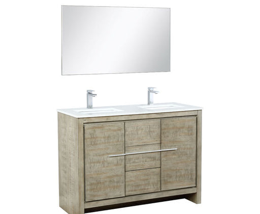 Lexora Lafarre 48" Rustic Acacia Double Bathroom Vanity, White Quartz Top, White Square Sink, Labaro Brushed Nickel Faucet Set, and 43" Frameless Mirror - Lexora - Ambient Home