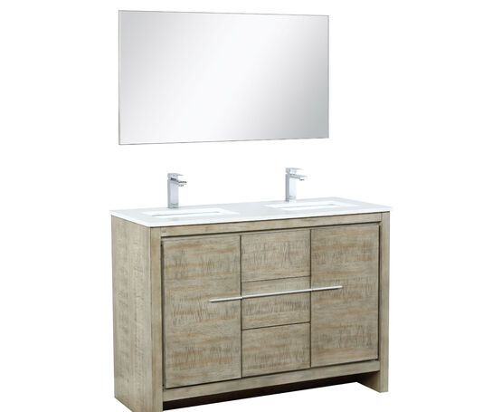 Lexora Lafarre 48" Rustic Acacia Double Bathroom Vanity, White Quartz Top, White Square Sink, Labaro Brushed Nickel Faucet Set, and 43" Frameless Mirror - Lexora - Ambient Home