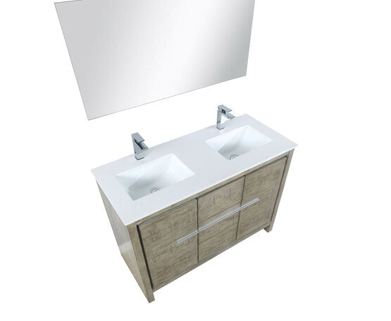 Lexora Lafarre 48" Rustic Acacia Double Bathroom Vanity, White Quartz Top, White Square Sink, Monte Chrome Faucet Set, and 43" Frameless Mirror - Lexora - Ambient Home