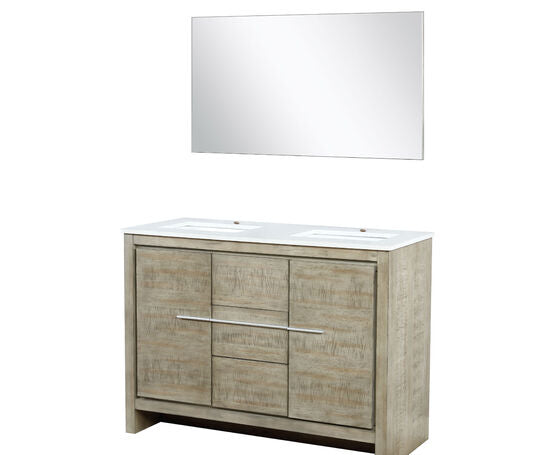 Lexora Lafarre 48" Rustic Acacia Double Bathroom Vanity, White Quartz Top, White Square Sink, and 43" Frameless Mirror - Lexora - Ambient Home