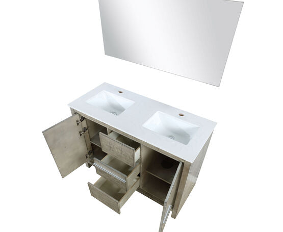 Lexora Lafarre 48" Rustic Acacia Double Bathroom Vanity, White Quartz Top, White Square Sink, and 43" Frameless Mirror - Lexora - Ambient Home