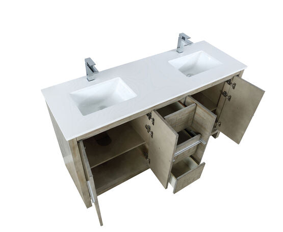 Lexora Lafarre 60" Rustic Acacia Double Bathroom Vanity, White Quartz Top, White Square Sinks, and Labaro Brushed Nickel Faucet Set - Lexora - Ambient Home