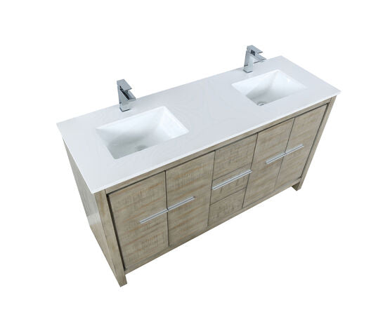 Lexora Lafarre 60" Rustic Acacia Double Bathroom Vanity, White Quartz Top, White Square Sinks, and Monte Chrome Faucet Set - Lexora - Ambient Home