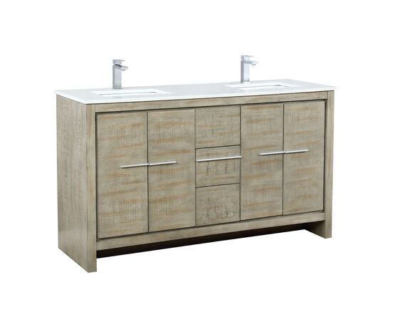 Lexora Lafarre 60" Rustic Acacia Double Bathroom Vanity, White Quartz Top, White Square Sinks, and Labaro Rose Gold Faucet Set - Lexora - Ambient Home