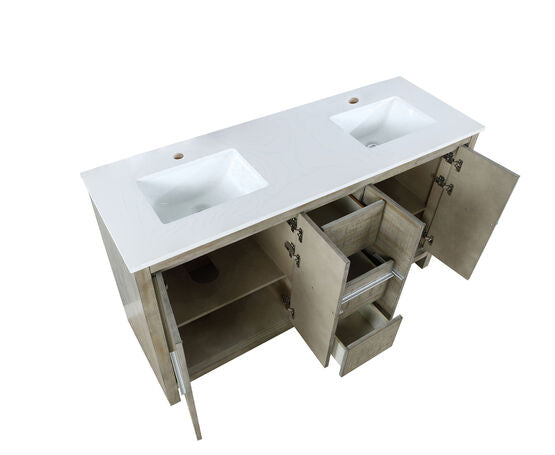 Lexora Lafarre 60" Rustic Acacia Double Bathroom Vanity, White Quartz Top, and White Square Sinks - Lexora - Ambient Home