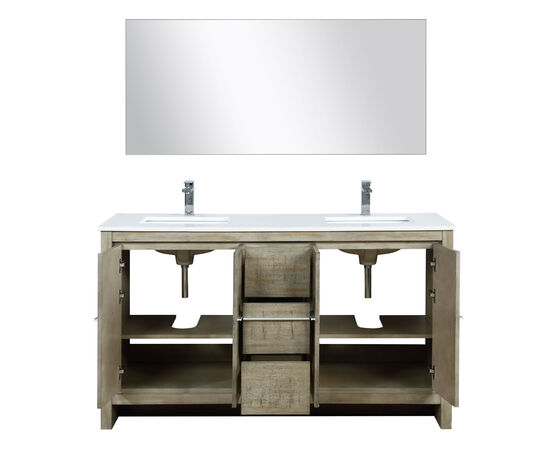 Lexora Lafarre 60" Rustic Acacia Double Bathroom Vanity, White Quartz Top, White Square Sinks, Labaro Brushed Nickel Faucet Set, and 55" Frameless Mirror - Lexora - Ambient Home