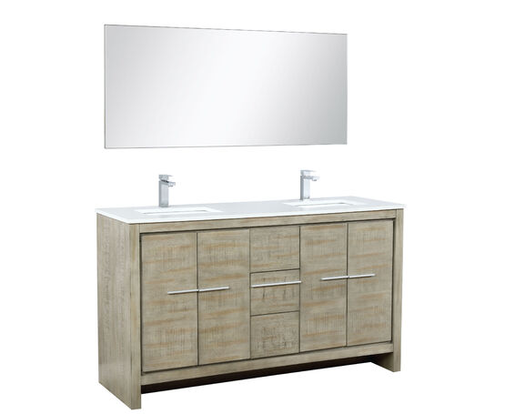 Lexora Lafarre 60" Rustic Acacia Double Bathroom Vanity, White Quartz Top, White Square Sinks, Labaro Brushed Nickel Faucet Set, and 55" Frameless Mirror - Lexora - Ambient Home