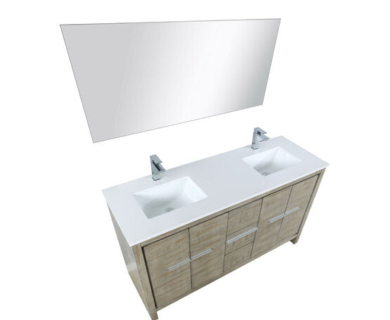 Lexora Lafarre 60" Rustic Acacia Double Bathroom Vanity, White Quartz Top, White Square Sinks, Monte Chrome Faucet Set, and 55" Frameless Mirror - Lexora - Ambient Home