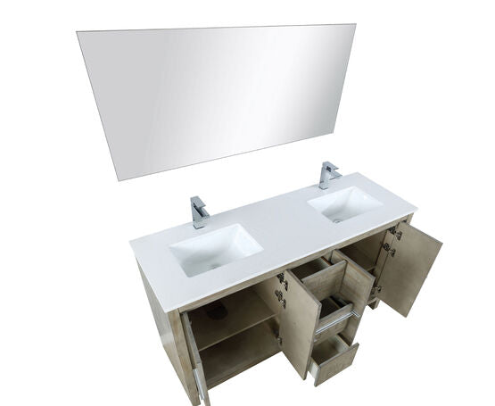 Lexora Lafarre 60" Rustic Acacia Double Bathroom Vanity, White Quartz Top, White Square Sinks, Balzani Gun Metal Faucet Set, and 55" Frameless Mirror - Lexora - Ambient Home