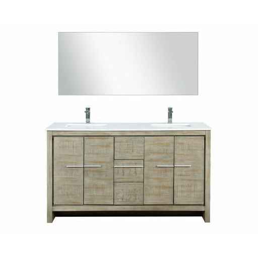 Lexora Lafarre 60" Rustic Acacia Double Bathroom Vanity, White Quartz Top,White Square Sinks, Labaro Rose Gold Faucet Set, and 55" Frameless Mirror - Lexora - Ambient Home