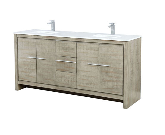 Lexora Lafarre 72" Rustic Acacia Double Bathroom Vanity, White Quartz Top, White Square Sinks, and Balzani Gun Metal Faucet Set - Lexora - Ambient Home