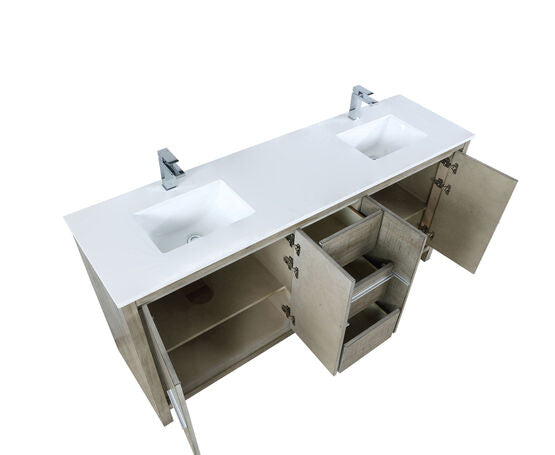 Lexora Lafarre 72" Rustic Acacia Double Bathroom Vanity, White Quartz Top, White Square Sinks, and Balzani Gun Metal Faucet Set - Lexora - Ambient Home