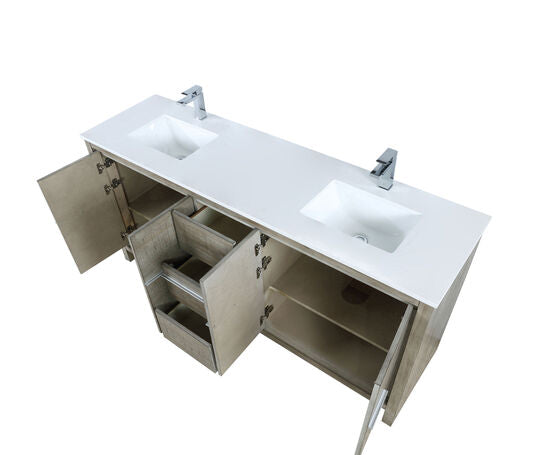 Lexora Lafarre 72" Rustic Acacia Double Bathroom Vanity, White Quartz Top, White Square Sinks, and Balzani Gun Metal Faucet Set - Lexora - Ambient Home