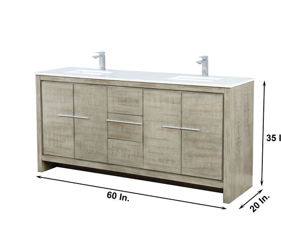 Lexora Lafarre 72" Rustic Acacia Double Bathroom Vanity, White Quartz Top, White Square Sinks, Labaro Brushed Nickel Faucet Set, and 70" Frameless Mirror - Lexora - Ambient Home