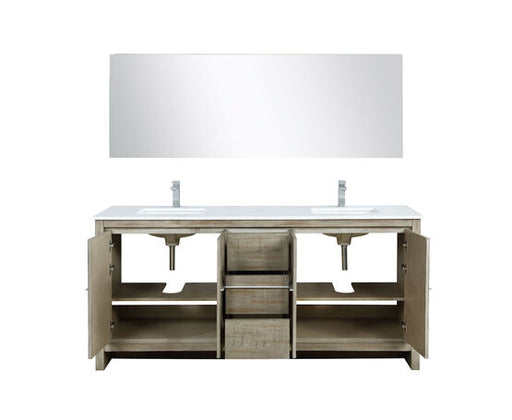 Lexora Lafarre 72" Rustic Acacia Double Bathroom Vanity, White Quartz Top, White Square Sinks, Labaro Brushed Nickel Faucet Set, and 70" Frameless Mirror - Lexora - Ambient Home