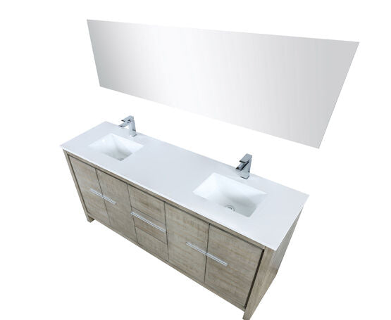 Lexora Lafarre 72" Rustic Acacia Double Bathroom Vanity, White Quartz Top, White Square Sinks, Labaro Brushed Nickel Faucet Set, and 70" Frameless Mirror - Lexora - Ambient Home