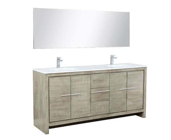Lexora Lafarre 72" Rustic Acacia Double Bathroom Vanity, White Quartz Top, White Square Sinks, Labaro Brushed Nickel Faucet Set, and 70" Frameless Mirror - Lexora - Ambient Home
