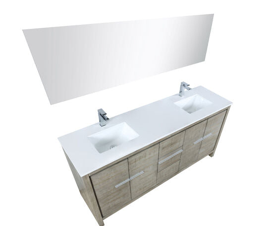 Lexora Lafarre 72" Rustic Acacia Double Bathroom Vanity, White Quartz Top, White Square Sinks, Monte Chrome Faucet Set, and 70" Frameless Mirror - Lexora - Ambient Home