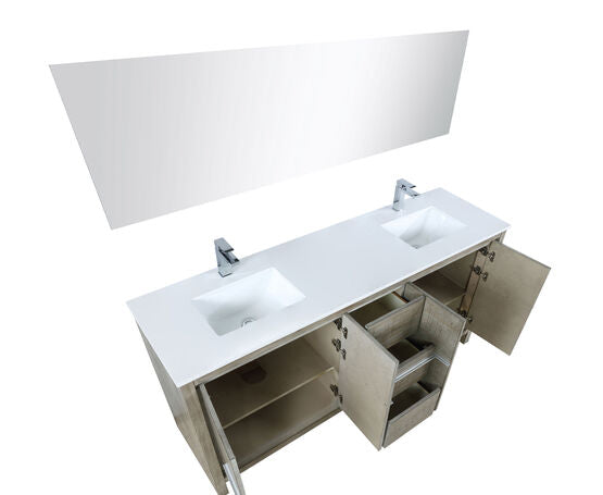 Lexora Lafarre 72" Rustic Acacia Double Bathroom Vanity, White Quartz Top, White Square Sinks, Balzani Gun Metal Faucet Set, and 70" Frameless Mirror - Lexora - Ambient Home