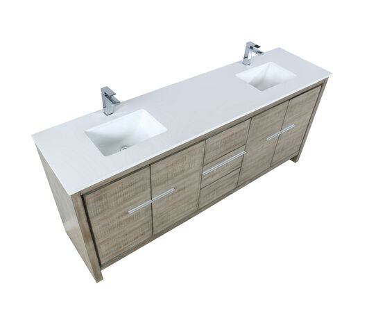 Lexora Lafarre 80" Rustic Acacia Double Bathroom Vanity, White Quartz Top, White Square Sinks, and Labaro Brushed Nickel Faucet Set - Lexora - Ambient Home