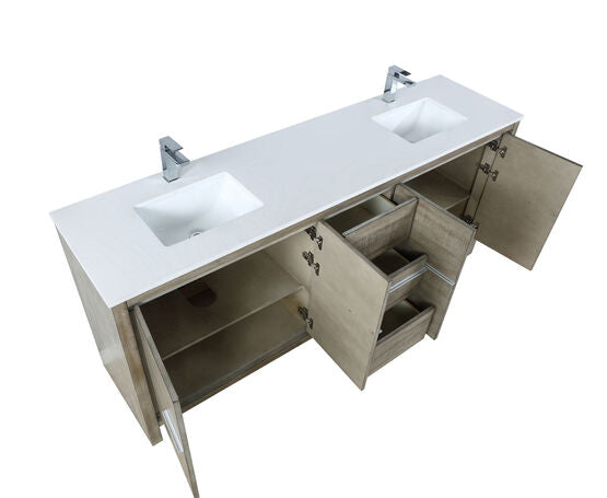 Lexora Lafarre 80" Rustic Acacia Double Bathroom Vanity, White Quartz Top, White Square Sinks, and Labaro Brushed Nickel Faucet Set - Lexora - Ambient Home