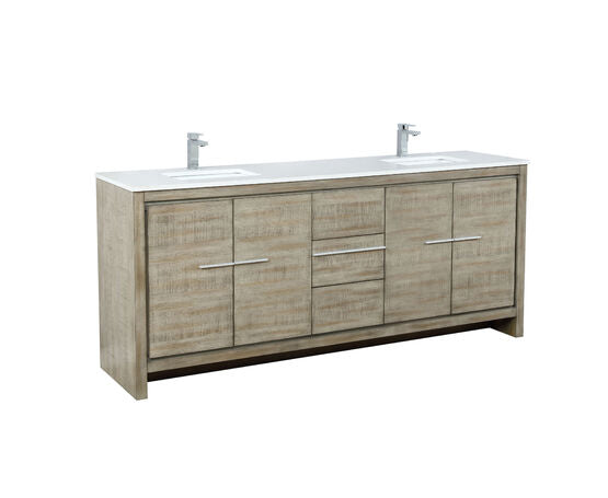 Lexora Lafarre 80" Rustic Acacia Double Bathroom Vanity, White Quartz Top, White Square Sinks, and Balzani Gun Metal Faucet Set - Lexora - Ambient Home