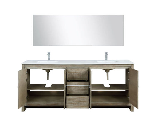 Lexora Lafarre 80" Rustic Acacia Double Bathroom Vanity, White Quartz Top, White Square Sinks, Labaro Brushed Nickel Faucet Set, and 70" Frameless Mirror - Lexora - Ambient Home