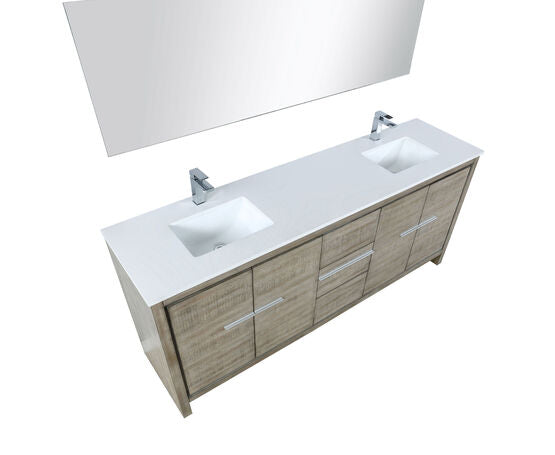 Lexora Lafarre 80" Rustic Acacia Double Bathroom Vanity, White Quartz Top, White Square Sinks, Labaro Brushed Nickel Faucet Set, and 70" Frameless Mirror - Lexora - Ambient Home