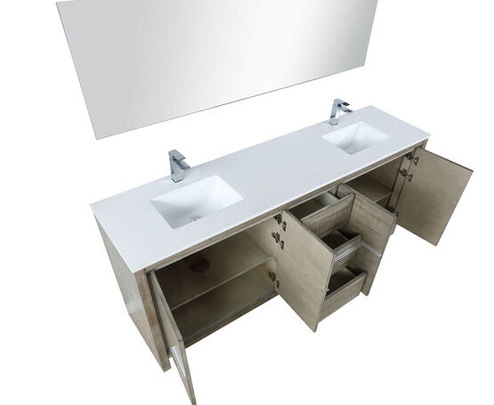 Lexora Lafarre 80" Rustic Acacia Double Bathroom Vanity, White Quartz Top, White Square Sinks, Labaro Brushed Nickel Faucet Set, and 70" Frameless Mirror - Lexora - Ambient Home