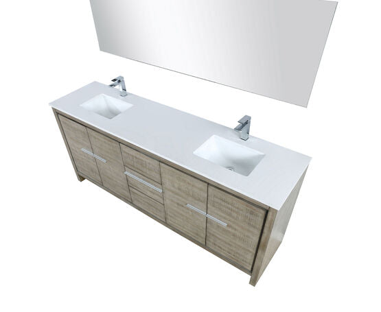 Lexora Lafarre 80" Rustic Acacia Double Bathroom Vanity, White Quartz Top, White Square Sinks, Labaro Brushed Nickel Faucet Set, and 70" Frameless Mirror - Lexora - Ambient Home