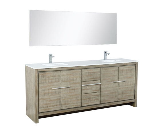 Lexora Lafarre 80" Rustic Acacia Double Bathroom Vanity, White Quartz Top, White Square Sinks, Labaro Brushed Nickel Faucet Set, and 70" Frameless Mirror - Lexora - Ambient Home