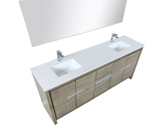 Lexora Lafarre 80" Rustic Acacia Double Bathroom Vanity, White Quartz Top, White Square Sinks, Monte Chrome Faucet Set, and 70" Frameless Mirror - Lexora - Ambient Home